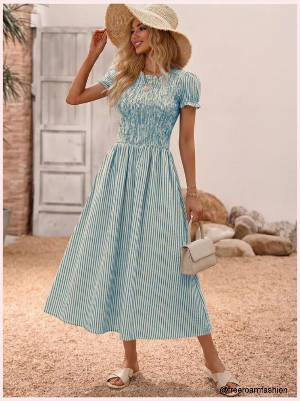 Striped Smocked Midi Dress with Puff Sleeves A-Line Flowy - Picture 3 of 6